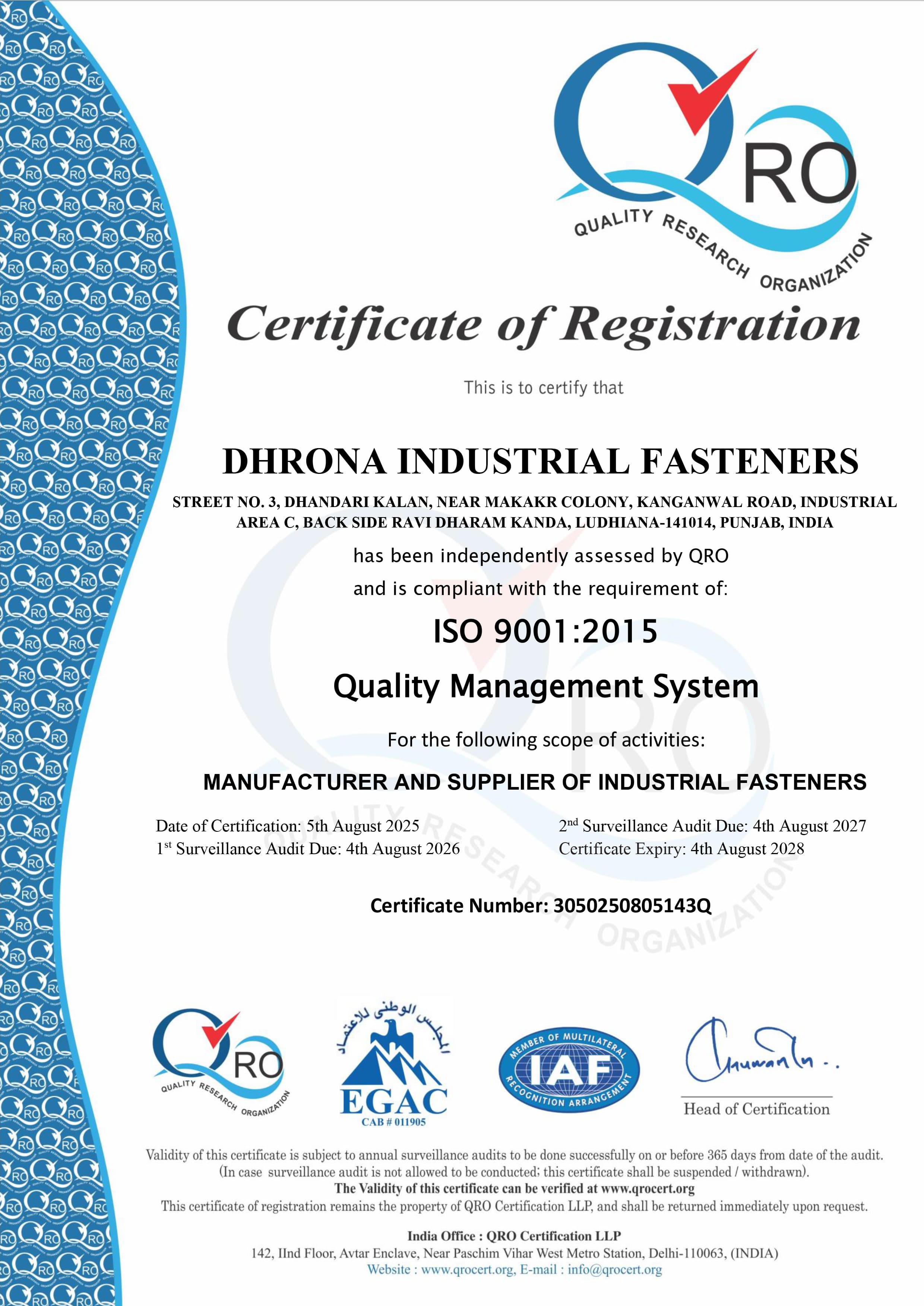 ISO Certificate Dhrona Industrial Fasteners